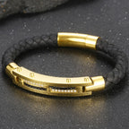 Gold Color Bracelets for Men 8MM Wide Braided Leather Rope Chain Bracelet CZ Stainless Steel Men's Arm Jewelry Birthday