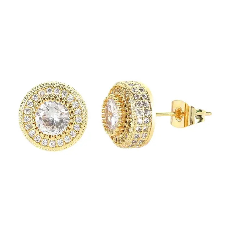 Iced Out Round Geometric CZ Stud Earrings — Full Pavé Studs