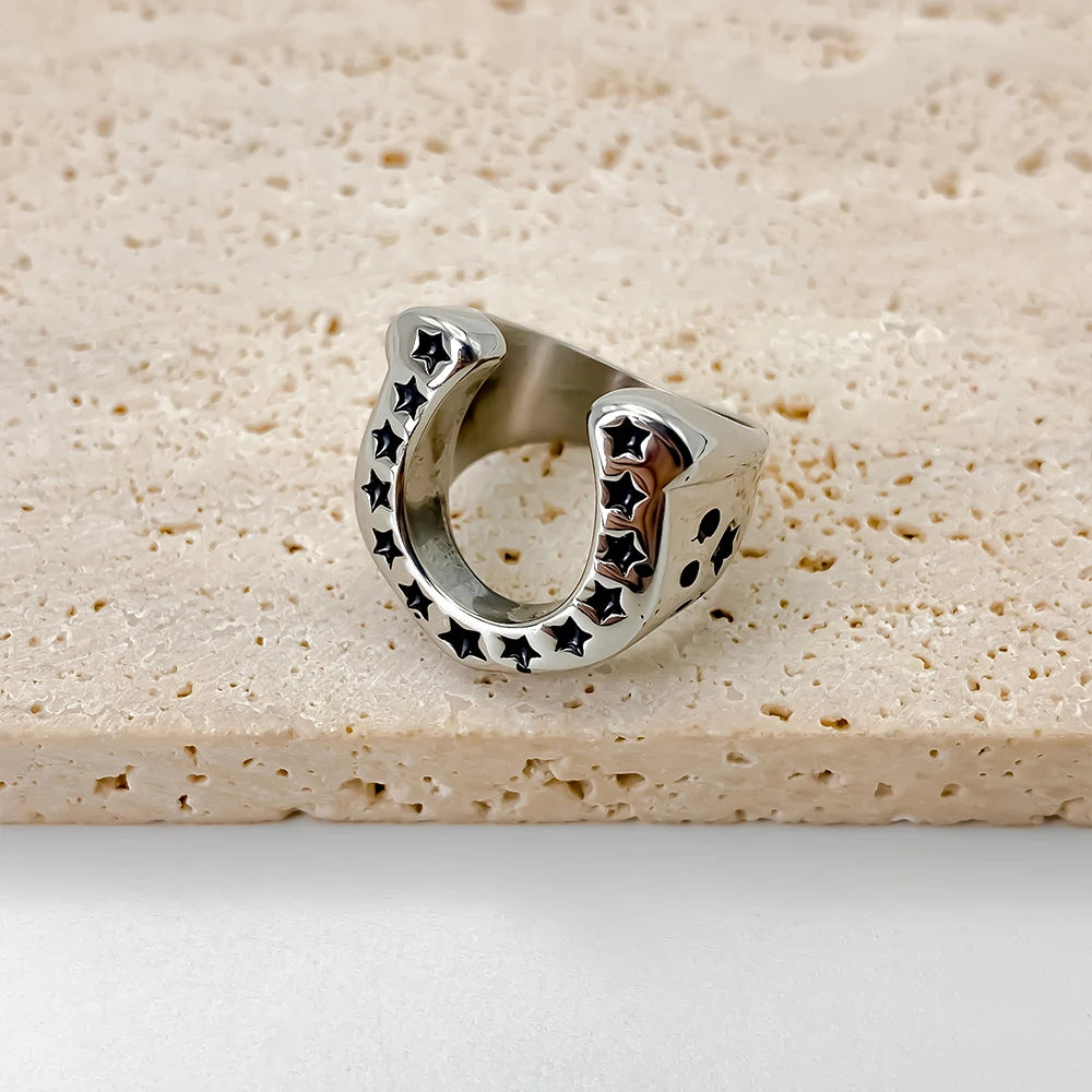 EManco Horseshoe U-shaped Star Retro Stainless Steel Men's Rings Punk Hip Hop for Male Boyfriend Biker Jewelry Creativity Gift