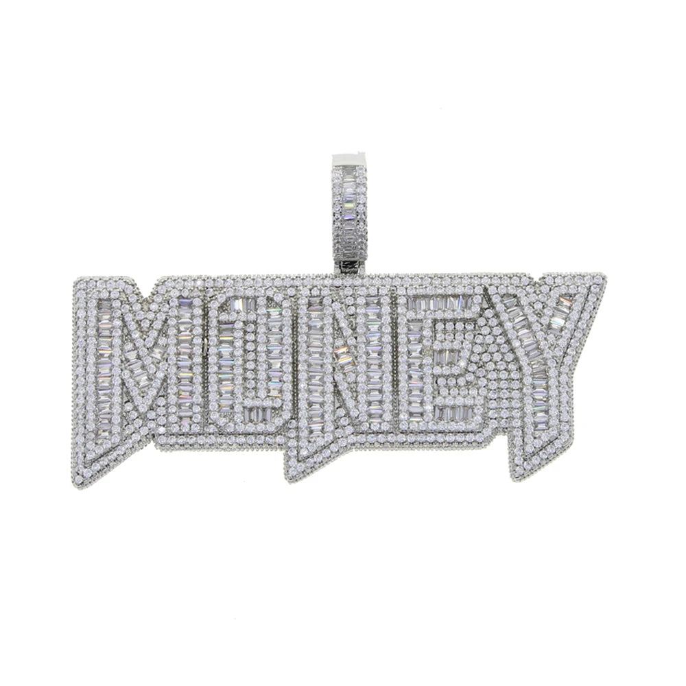 New Hip Hop Money Pendant Necklace Gold Color Iced Out Bling CZ Cubic Zirconia Letters Rich Dollar Charm Men Women