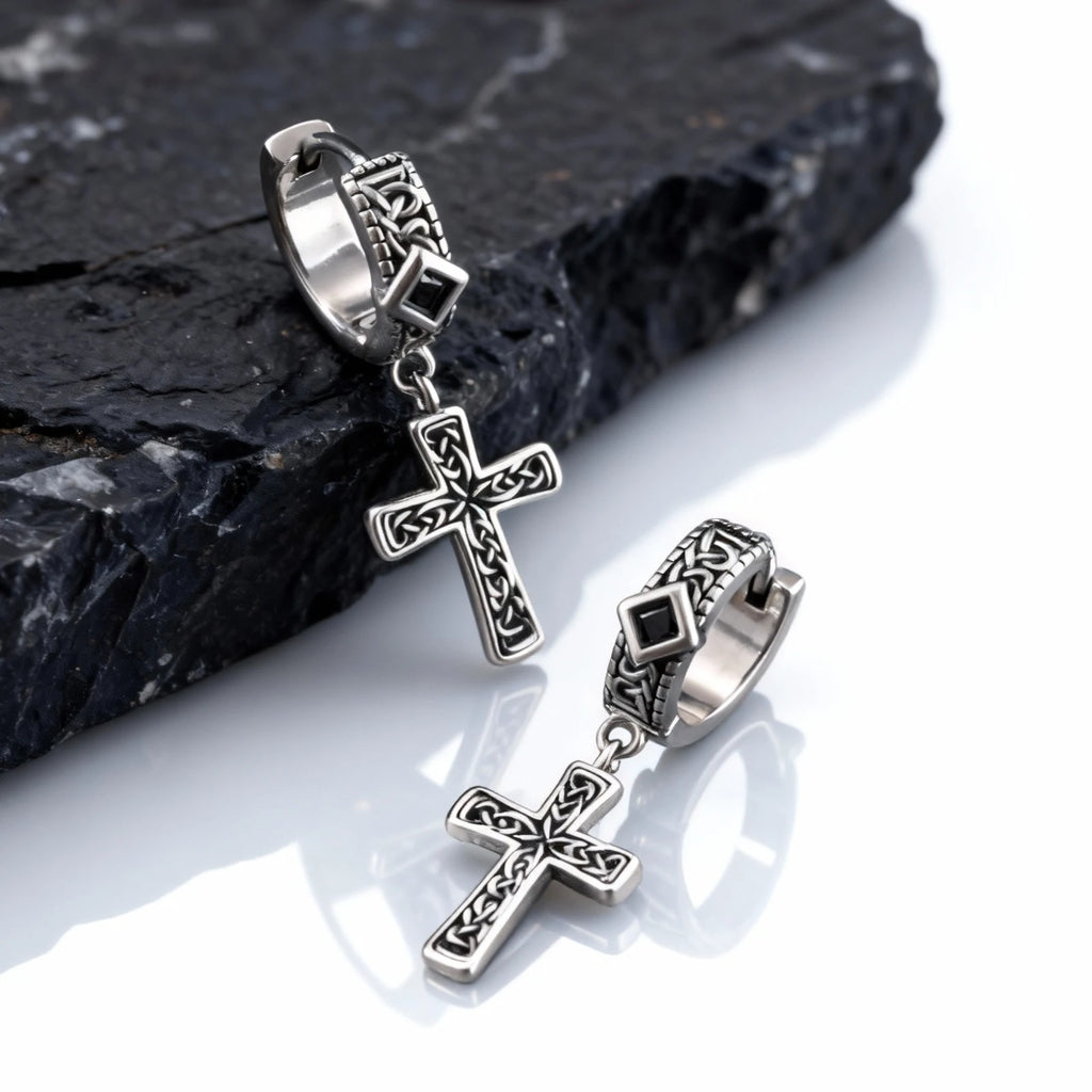 Celtic Knot Cross Hoop Earrings for Men — Black Square Drop