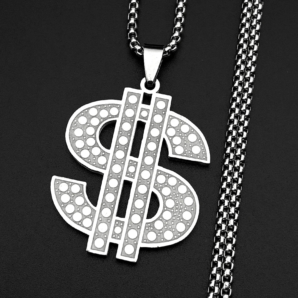 Hip Hop Dollar Money Symbol Necklace Stainless Steel Gold Silver color Rhinestone Pendant Rap Streetwear Chain Jewelry