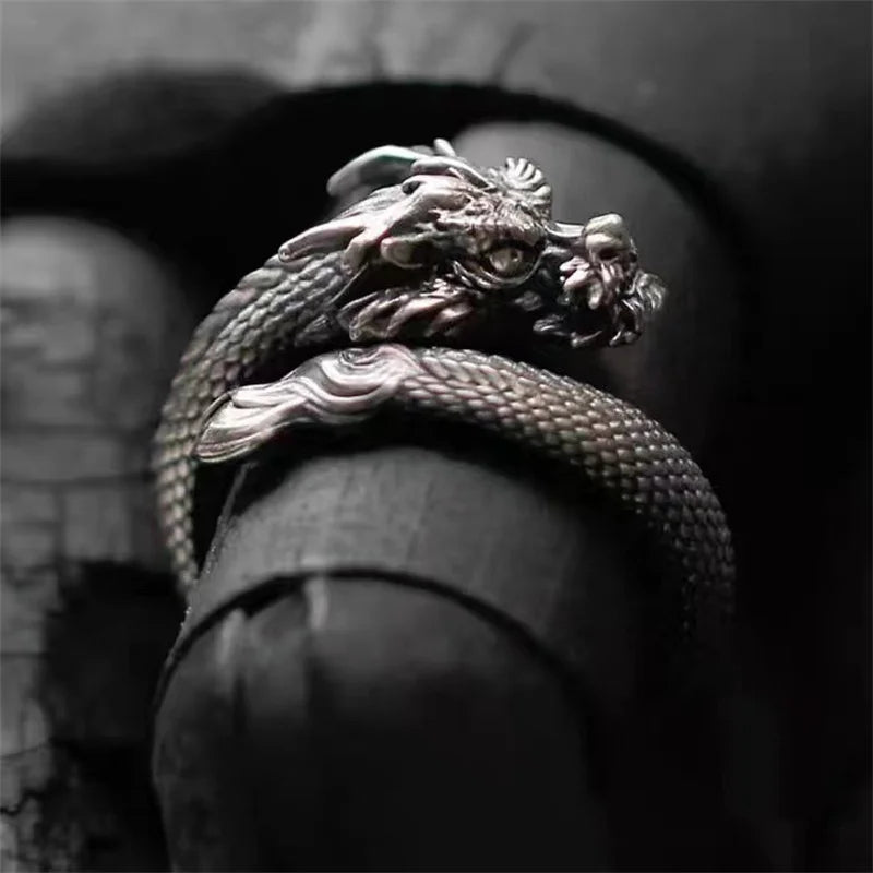 Trendy 925 Silver Ring Open Men Jewelry Vintage Carving Dragon Ring Male Index Finger Accessories