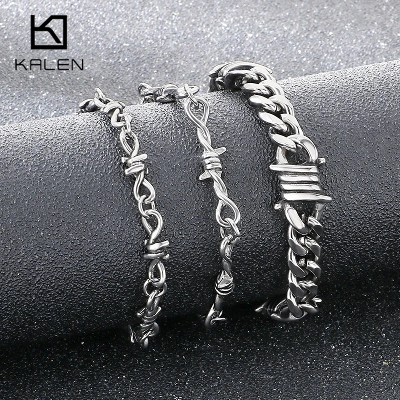 Kalen Vintage Stainless Steel Twisted Barbed Wire & Wrapped Cuban Bracelet Men‘s Adjustable Gothic Punk Women’s Wrist