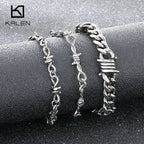 Kalen Vintage Stainless Steel Twisted Barbed Wire & Wrapped Cuban Bracelet Men‘s Adjustable Gothic Punk Women’s Wrist