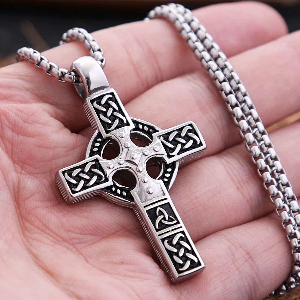 Fashion Vintage Stainless Steel Cross Pendant Necklace For Men Nordic Viking Celtic Knot Necklaces Amulet Jewelry Gift