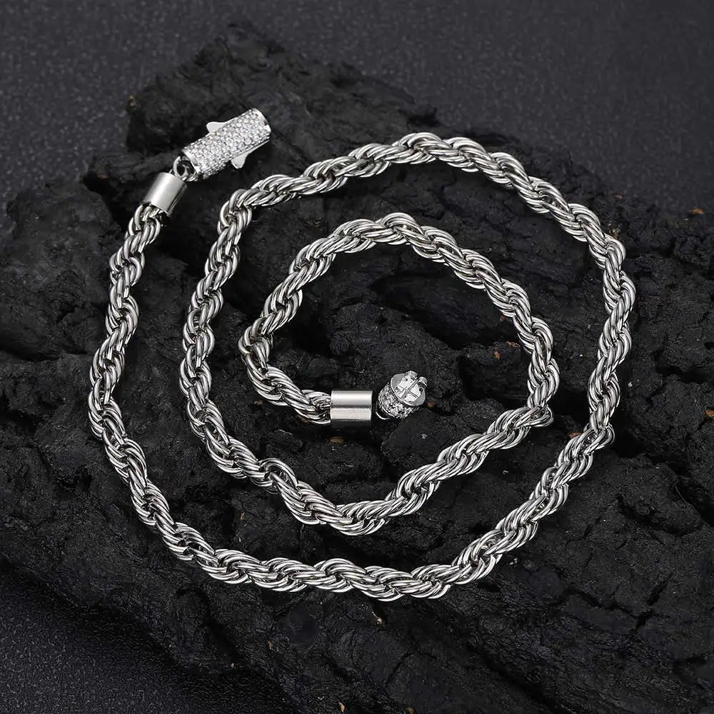 6mm Stainless Steel Rope Chain Necklace With Iced Out CZ Clasp Hip Hop Link For Women/Men