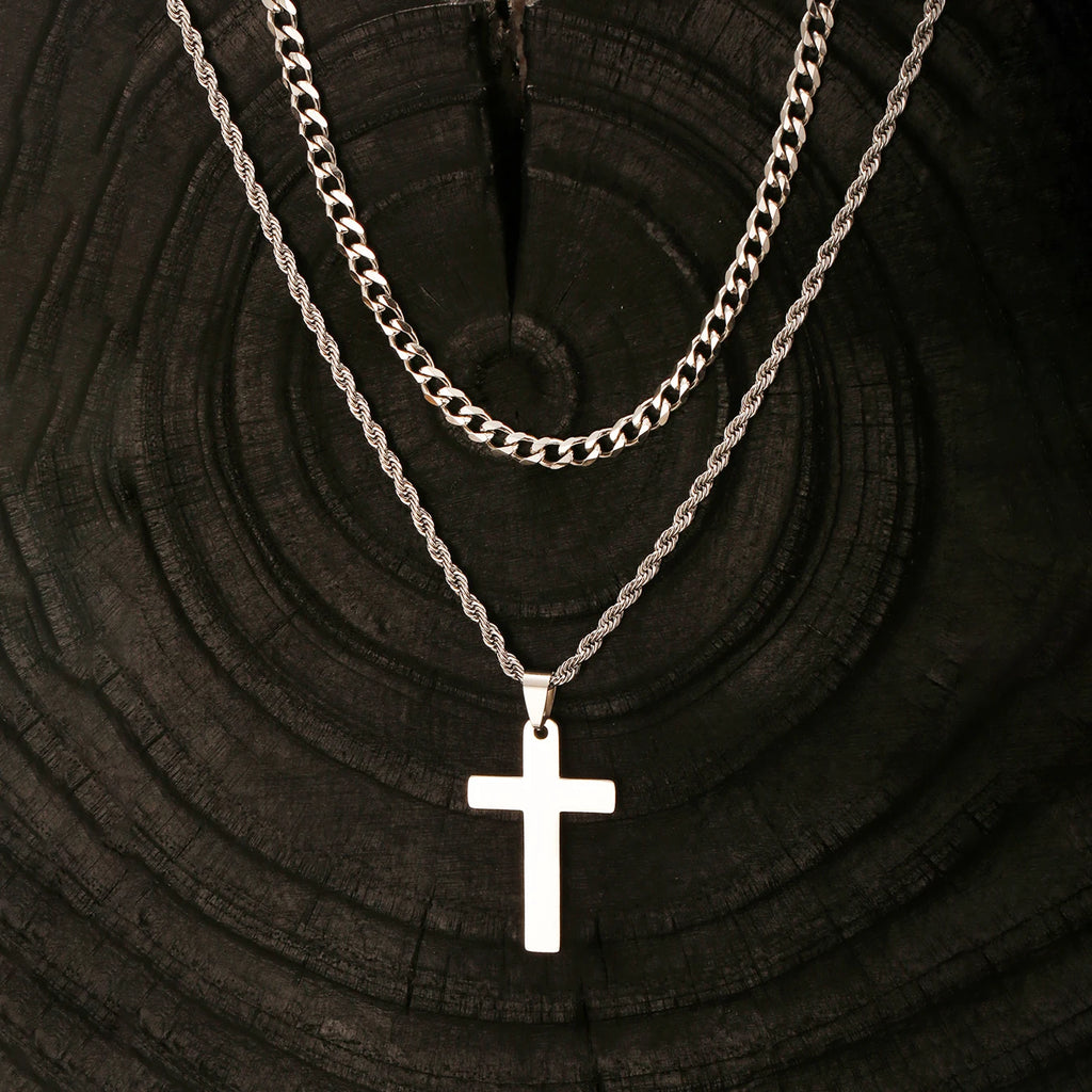 2PCS/SET INGCHAU Fashion Stainless Steel Twisted Chain Cross Necklace for Men Stacked Cuba Chain Necklace Men Spiritual Jewlery
