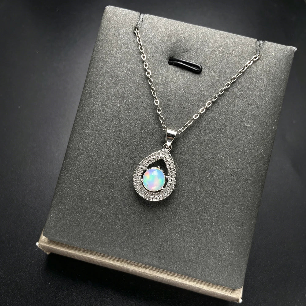 Opal Stone Pendant Necklace — Round 7mm Cabochon