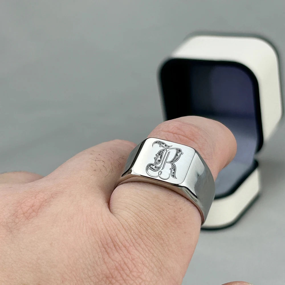 Personalised Initial Engrave A to Z Alphabet Stainless Steel Signet Blank Plain Ring Band High Polished Gold Color Tone