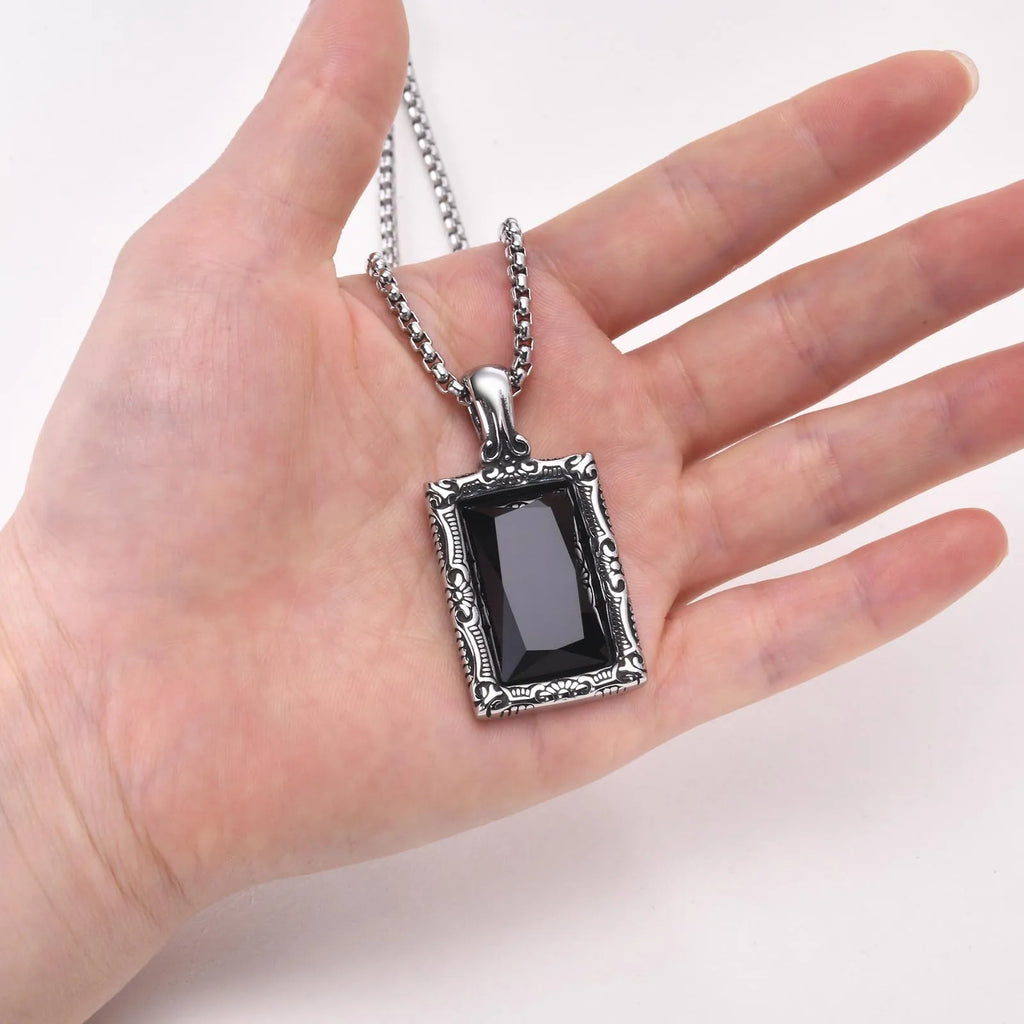 Vnox Black Square Stone Necklaces for Men, Retro Silver Color Stainless Steel Geometric Pendant Collar with Box Chain