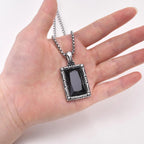 Vnox Black Square Stone Necklaces for Men, Retro Silver Color Stainless Steel Geometric Pendant Collar with Box Chain