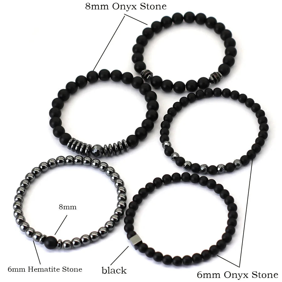 Black-Tone Beaded Bracelet Set — 6mm 8mm Wrap