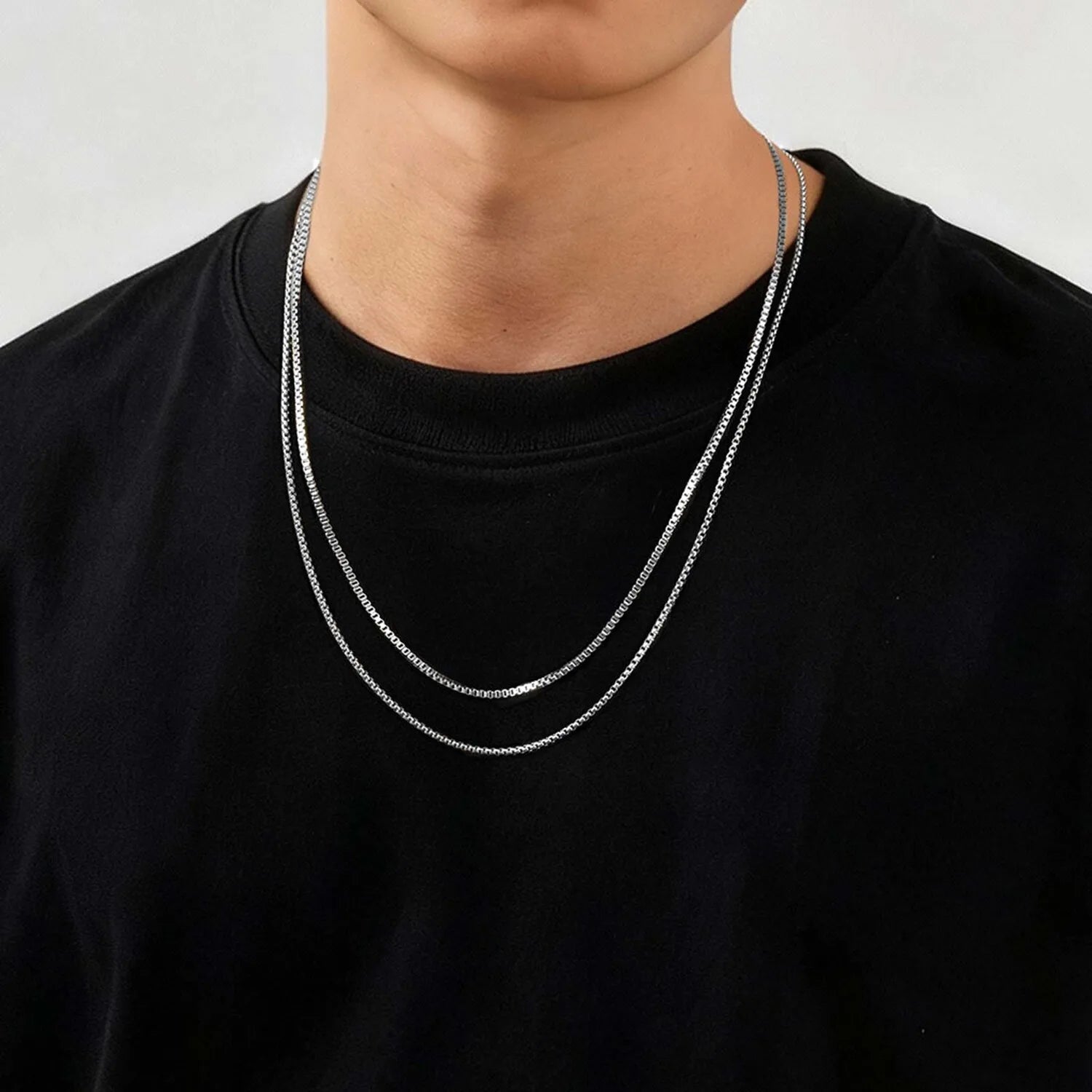 Two-Tone Box Chain Necklace Set — Stainless Steel