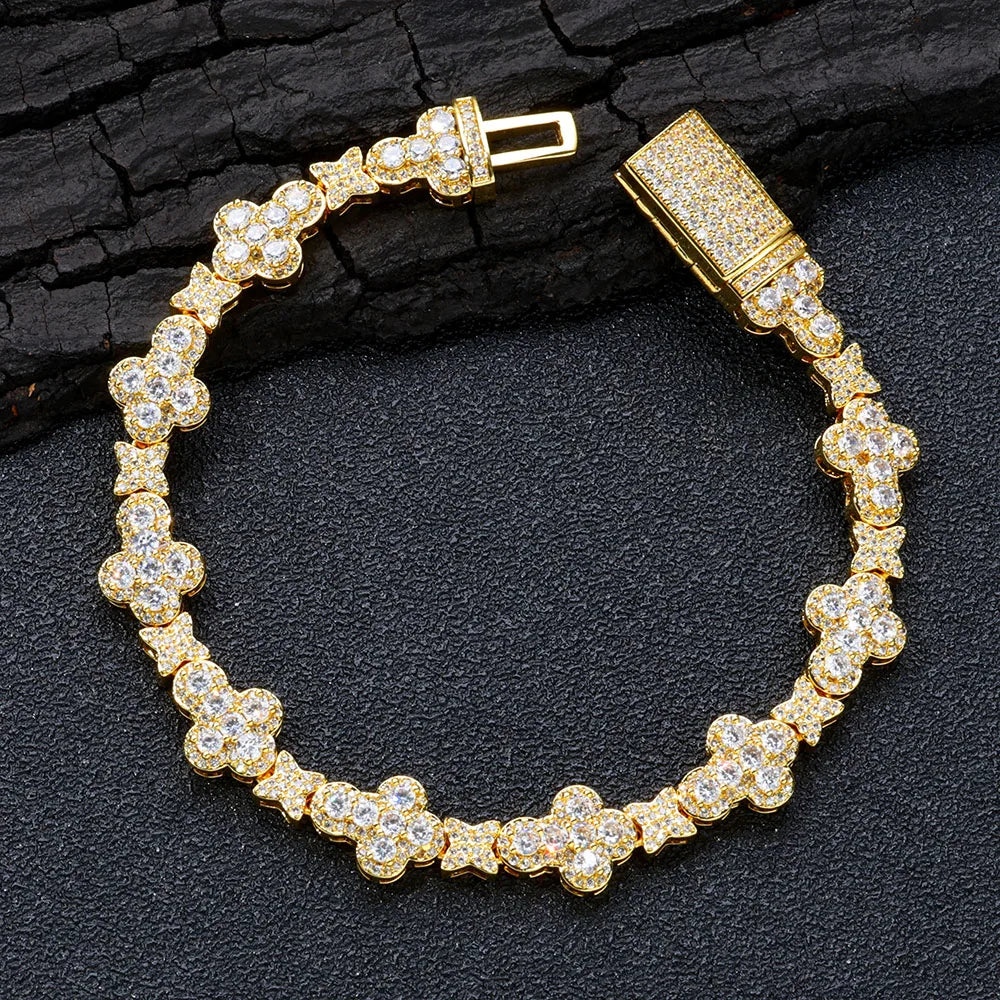 Gold Cross Bracelet Iced Out 10MM Flower Star