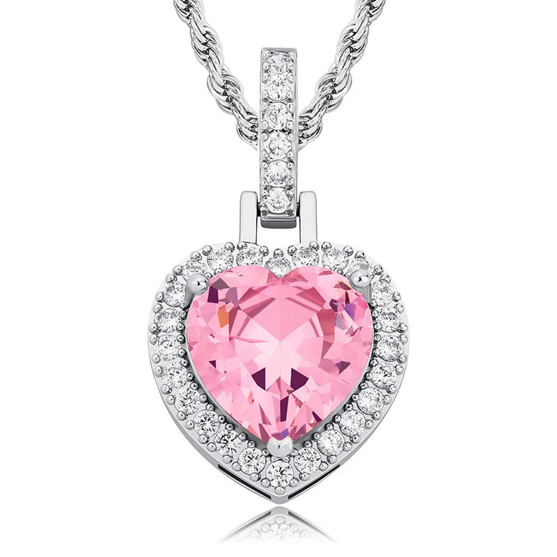 Iced Out Heart Pendant Necklace Stainless Steel CZ