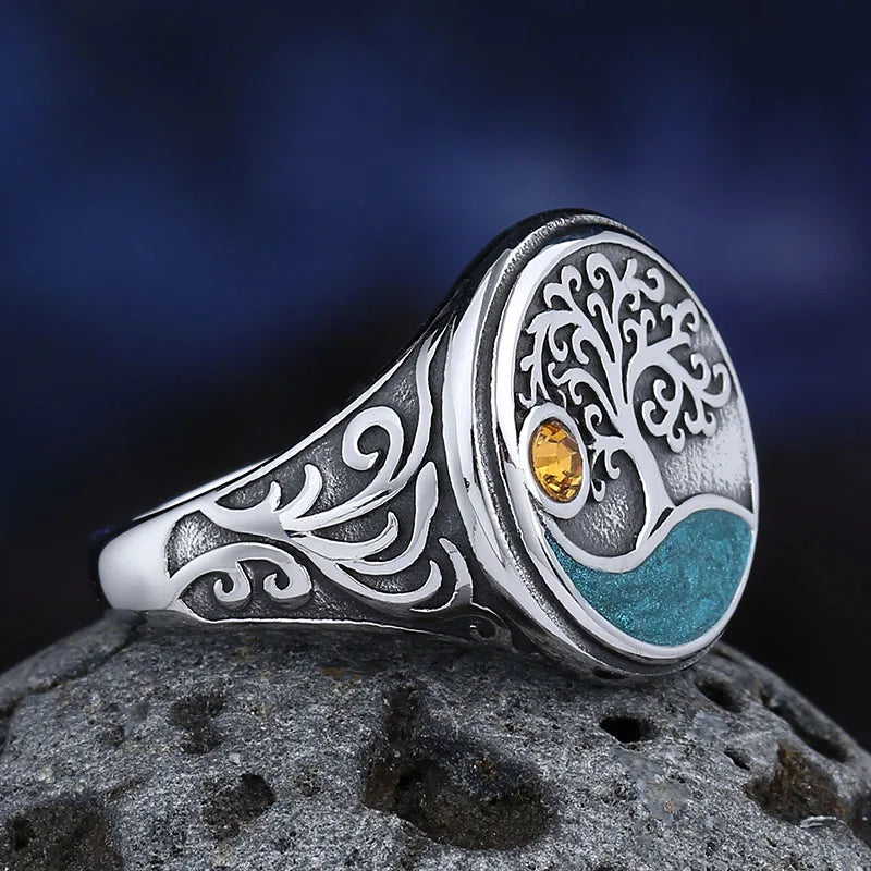 Viking Tree of Life Ring, Yellow Zircon — Stainless Steel