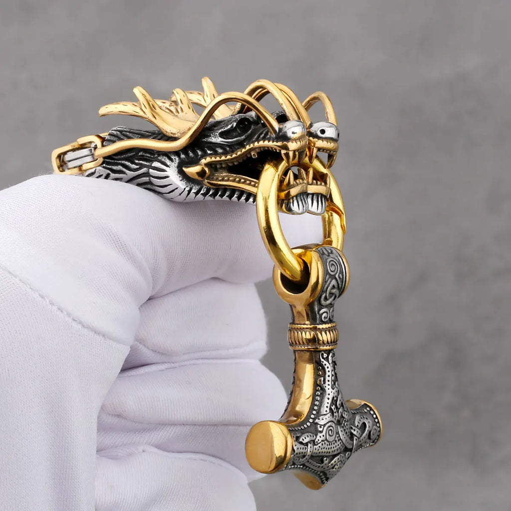 Stainless Steel Viking Dragon Head Necklace Men's Domineering Thick Chain Thor's Hammer Pendant Jewelry Biker Party