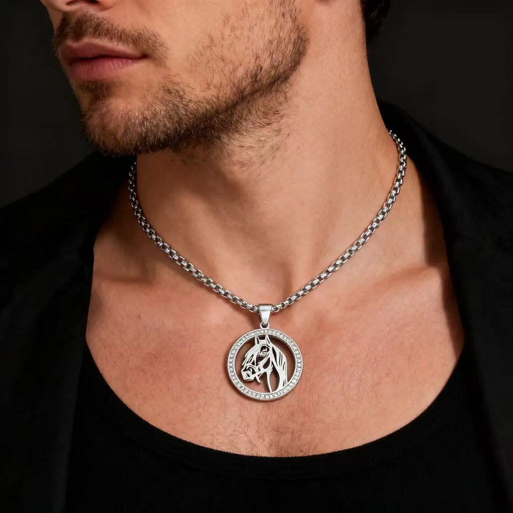 Iced Out Horse Steel Pendant Rhinestone Zodiac