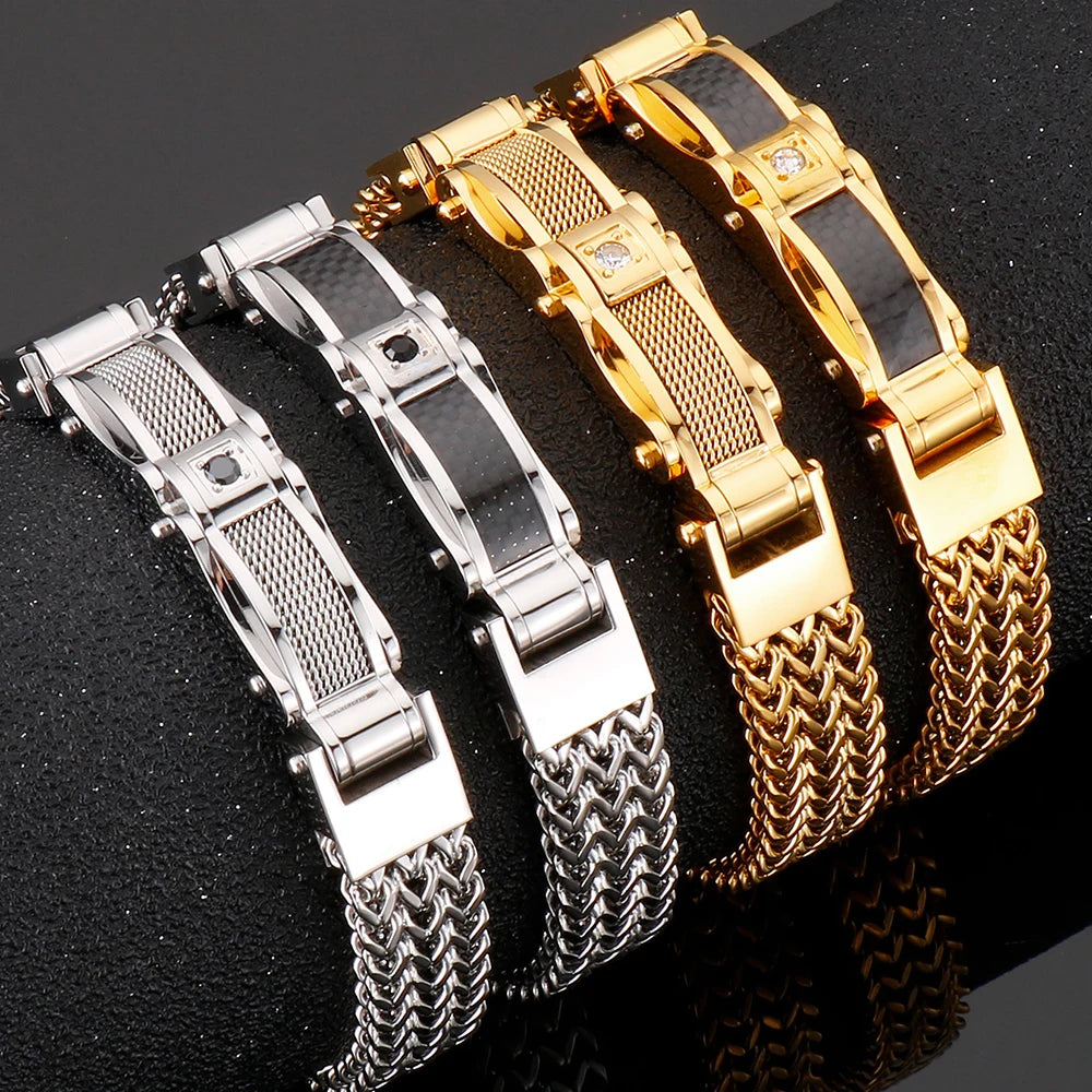 Luxury Bracelet for Men Gold Color 12MM Wide Stainless Steel Square Franco Link Chain Men's Wrist Bracelets With Magnet