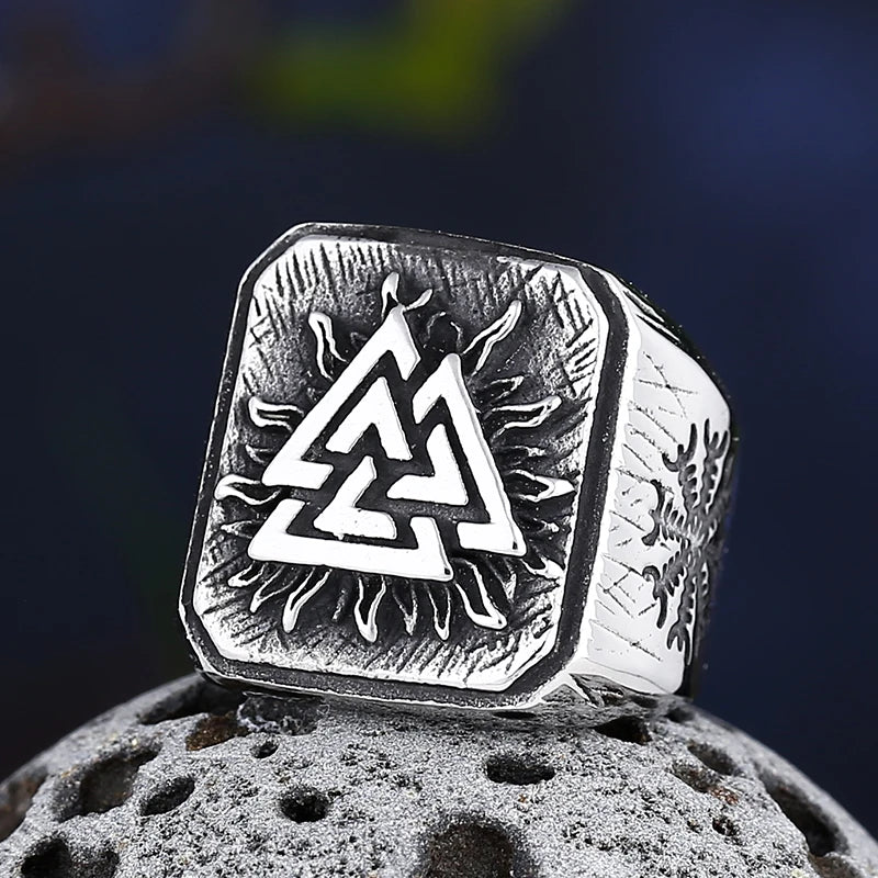 Viking Mens Stainless Steel Amulet Ring With Compass Triangle Odin Vegvisir Rings Nordic Talisman Biker Jewelry Gift for Men
