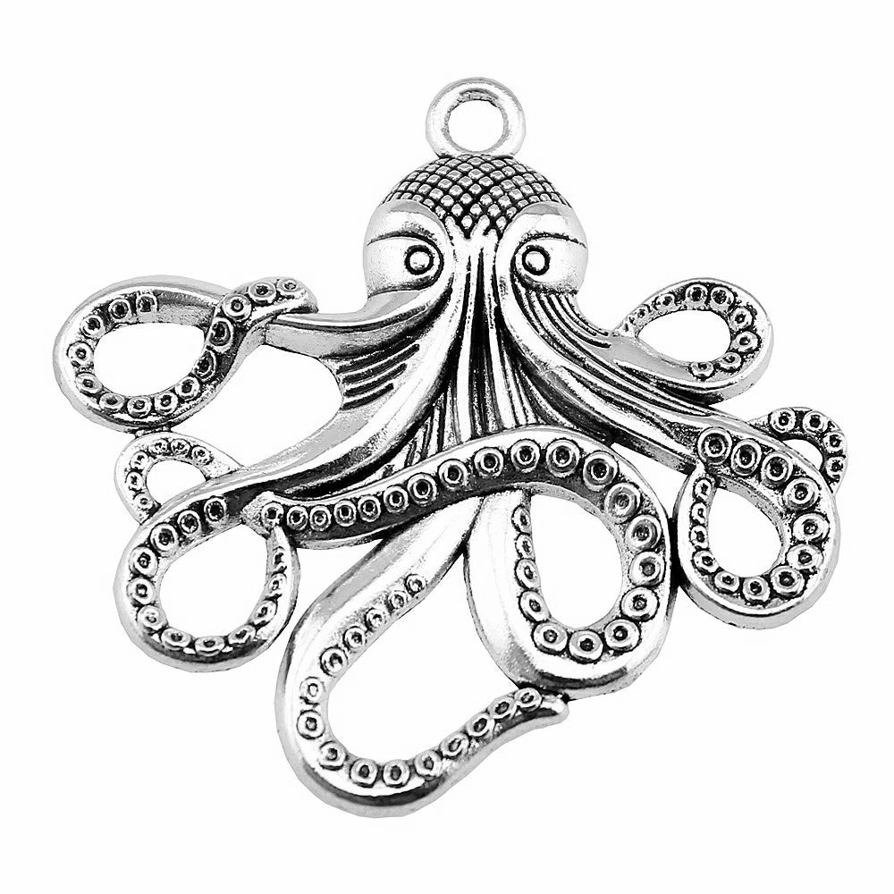 Large Octopus Pendant Charm — Silver-Tone, 59mm