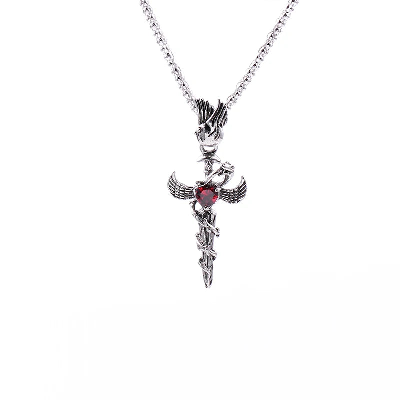 Heart-shaped Sword Wings Necklace Retro Punk style Pendant Jewelry Accessory for Women Men Personality Gifts