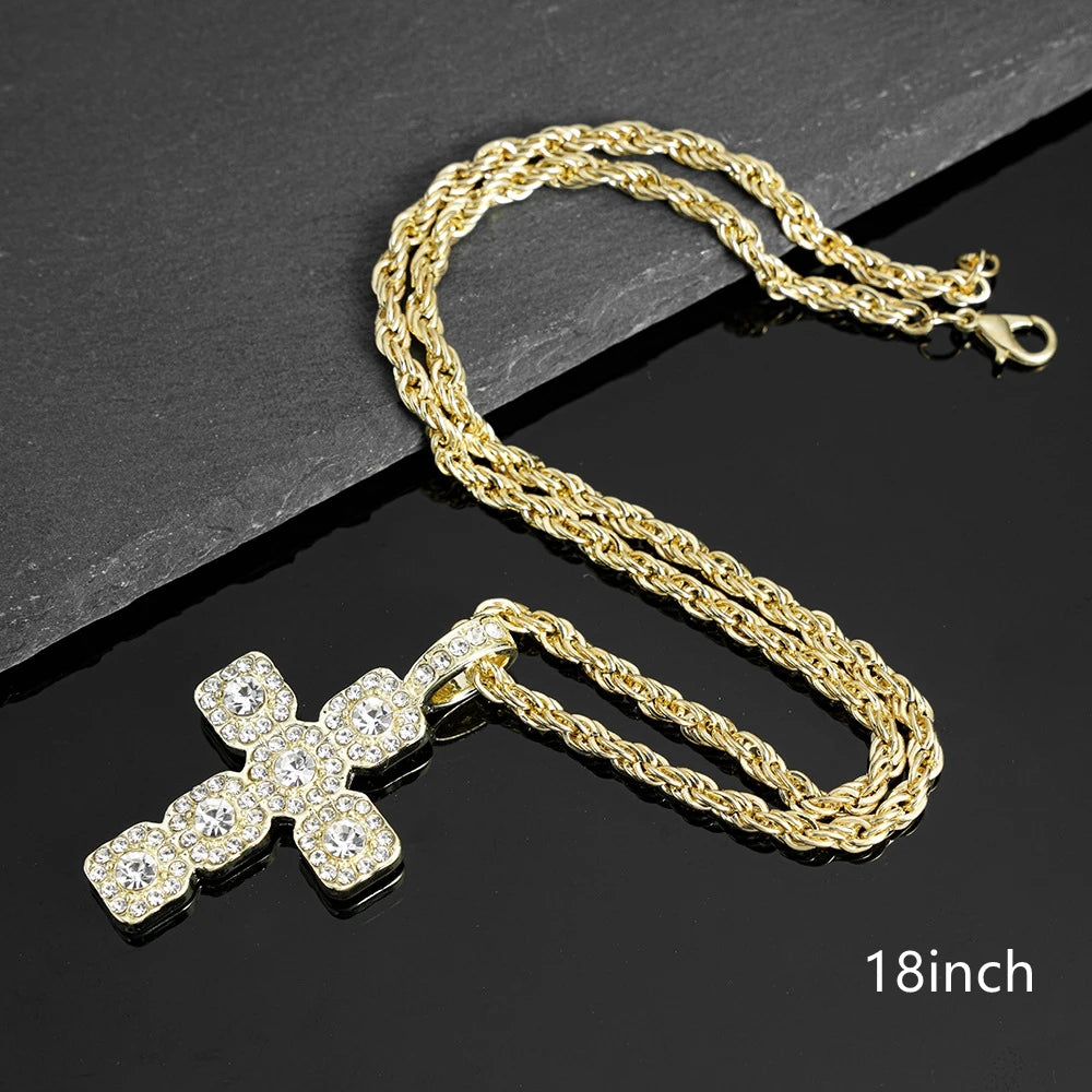 Iced Out Cross Pendant Necklace — 4mm Tennis Chain, Two-Tone
