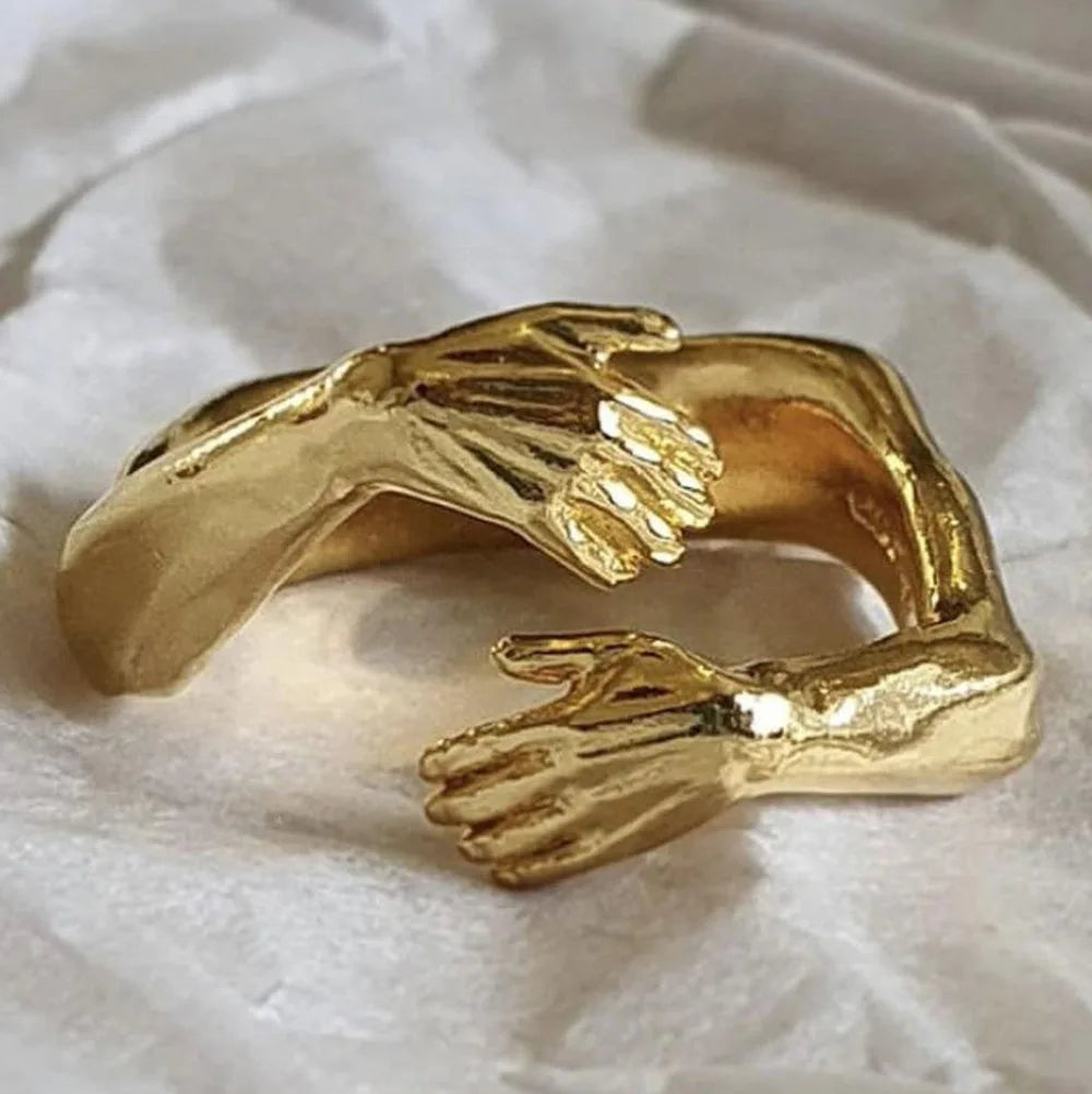 Hug Hands Open Adjustable Ring — Gold-Tone, Clear Stones