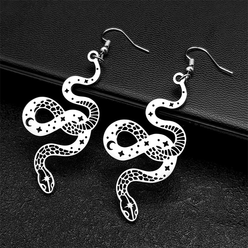Star Snake Silver Earrings Witchcraft Hollow Moon