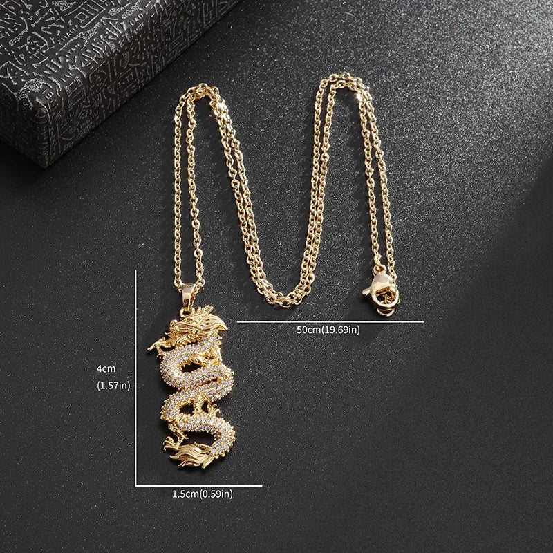 Zircon Auspicious Dragon Pendant — Stainless Steel