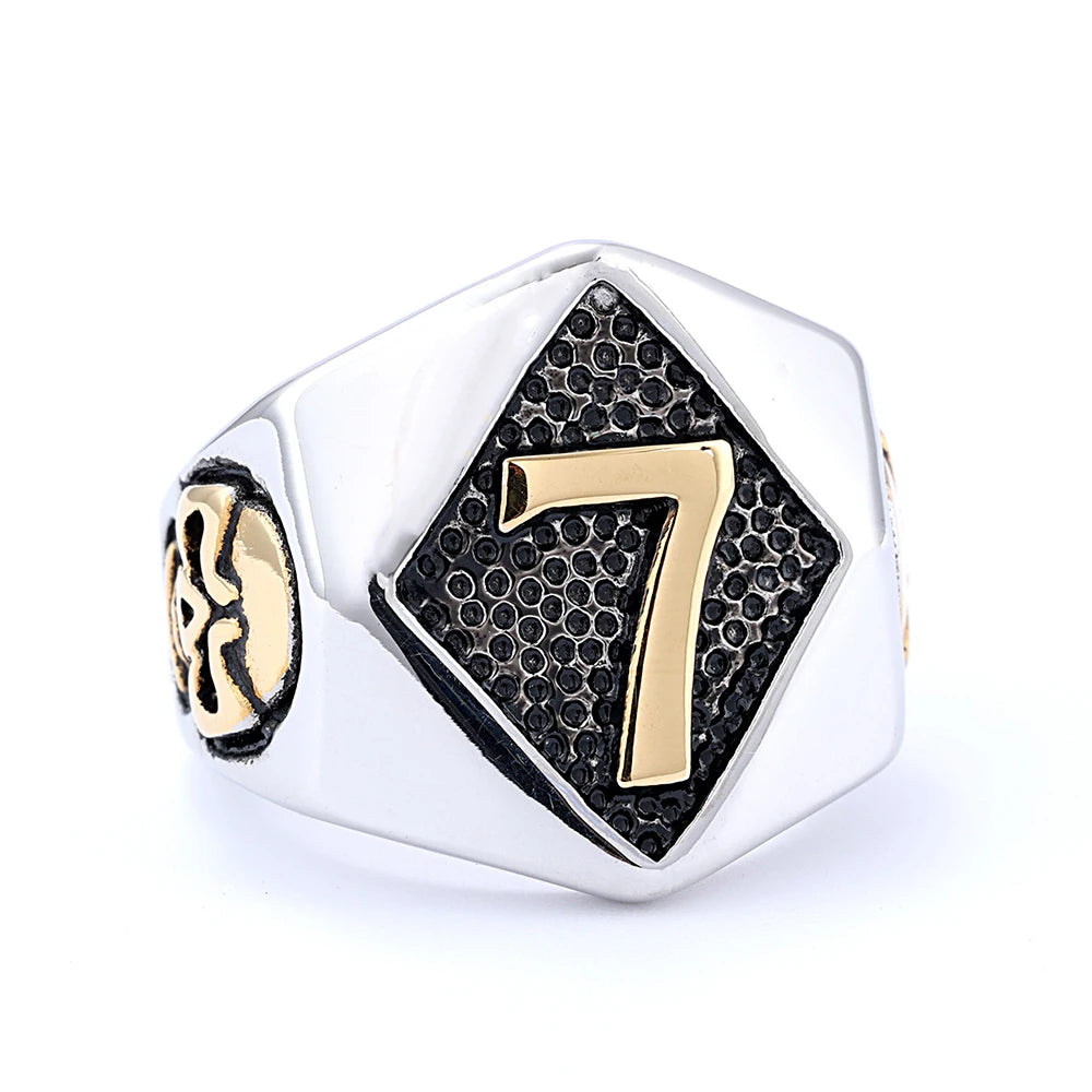 Lucky 13 & 7 Skull Biker Ring for Men — Stainless Steel