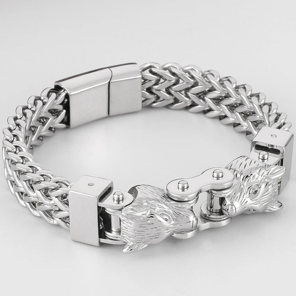 Men's Double Wolf Head Bracelets Stainless Steel Viking Jewelry Punk Rock Bicycle Chain Man Bracelet for Men 8.46" Male