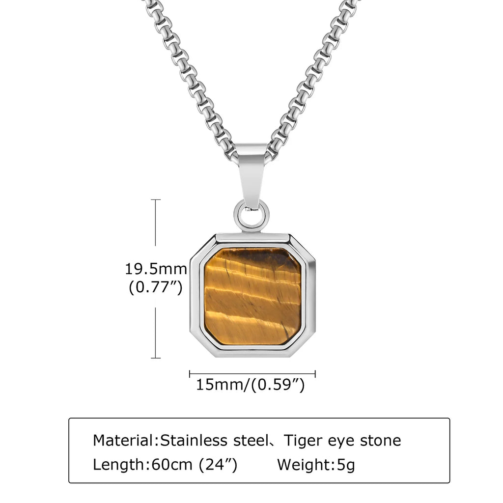 Fashion High Quality Natural Stone Square Pendant Stainless Steel Long Chain Necklace Trendy Simple Popular Jewelry for Men Gift