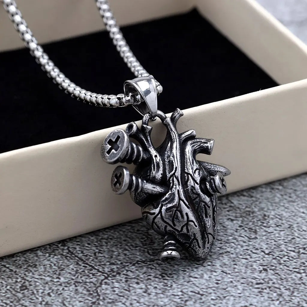 Men's Vintage Stainless Steel Heart Pendant Necklace Dark Punk Hip-Hop Style Nail Heart Detail Decorative Accessory