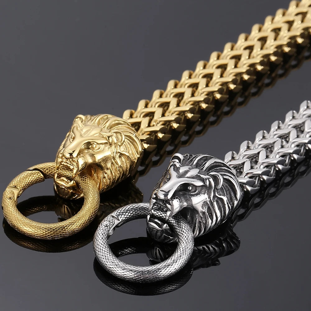 Lion Head With Square Franco Link Chain Bracelet for Man Stainless Steel Men's Bracelets Masculine Jewelry Birthday