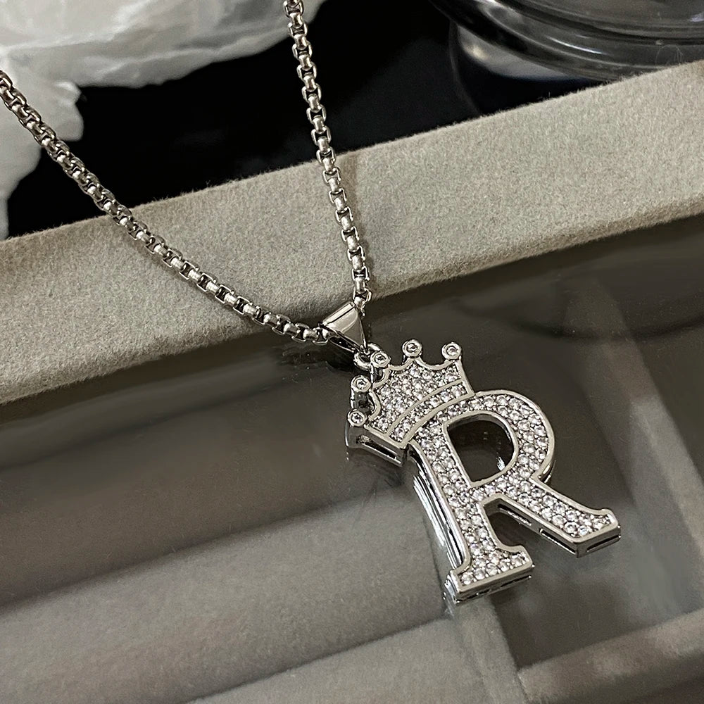 Freetry 26 Letters A-Z Zircon Crown Pendant Necklace for Women Men Punk Initial Alphabet Necklaces Hip Hop Choker Chain