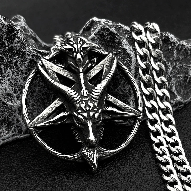 Gothic Skull Silver Pendant Goat 316L Pentagram