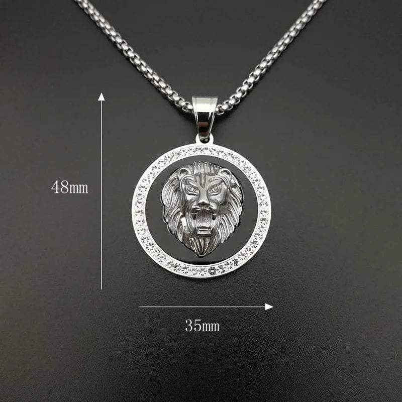 Men's Fashion Titanium Steel Gold Plated Rhinestones Lion Head Animal Pendant Necklace Hiphop Punk Personality Jewelry