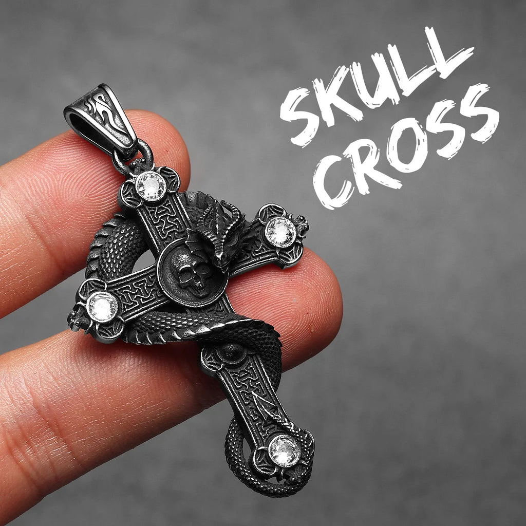 Skull Dragon Cross Pendant Necklace — Steel