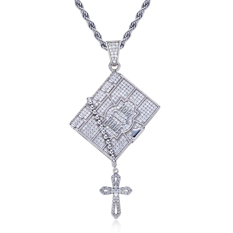 Iced Out Bible Cross Pendant — 925 Silver