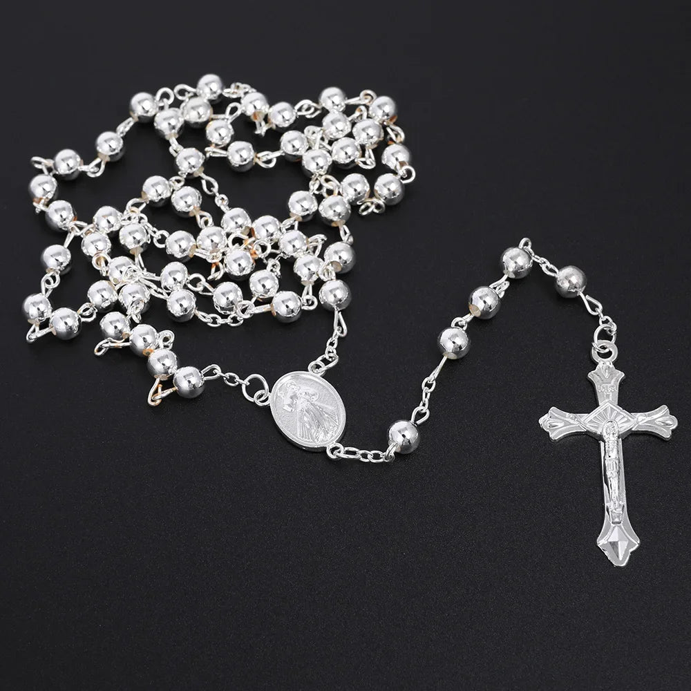 6MM Rosary Necklaces For Women Men Long Gold Silver Color Chain Crucifix Cross Pendant Necklace Religious Prayer
