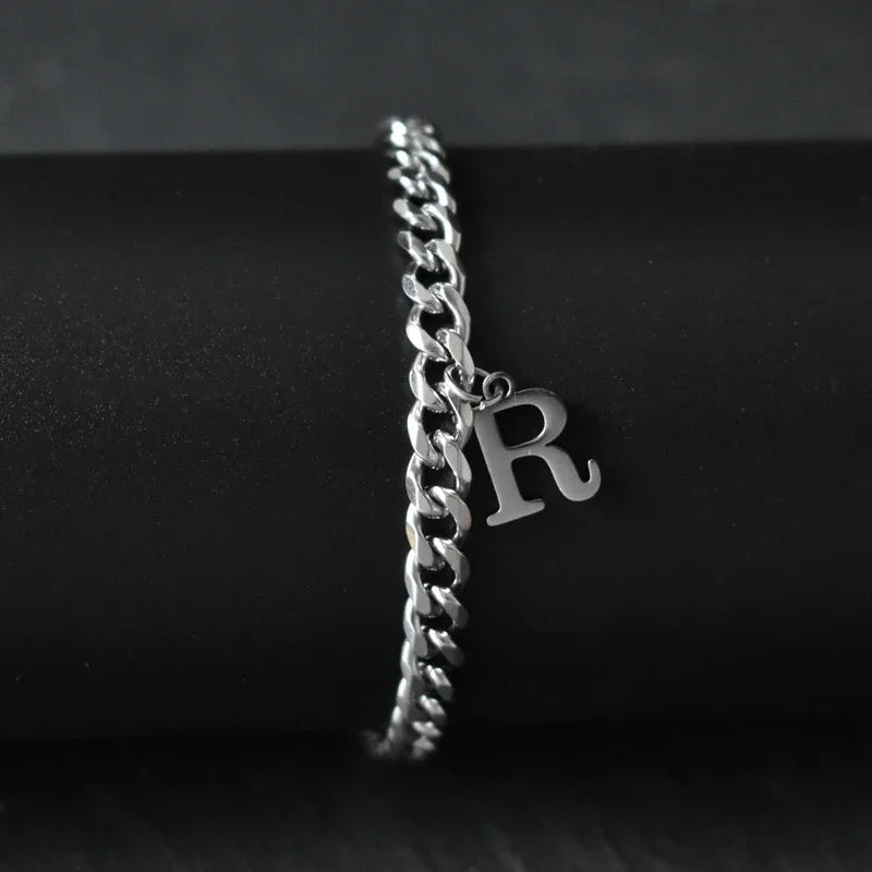 A-Z Initial Letter Cuban Chain Bracelet — Stainless Steel