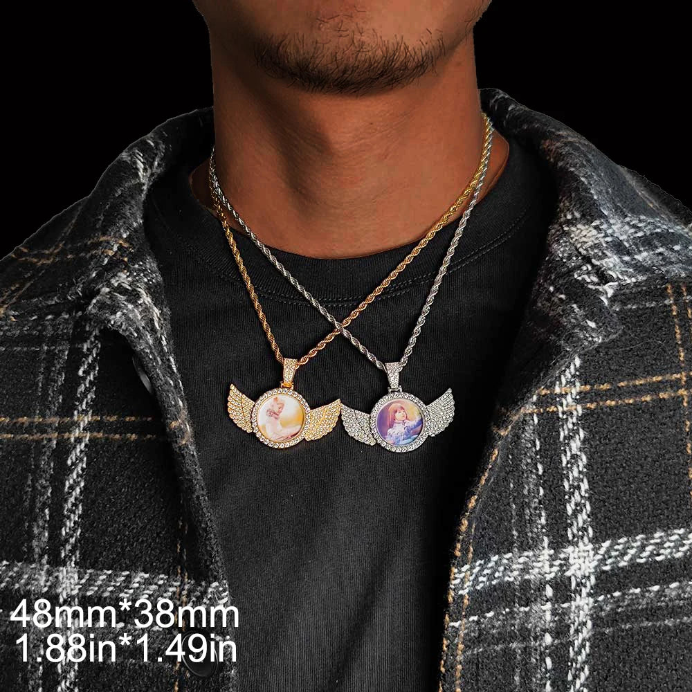 Angel Wing Photo Pendant Necklace Iced Out CZ