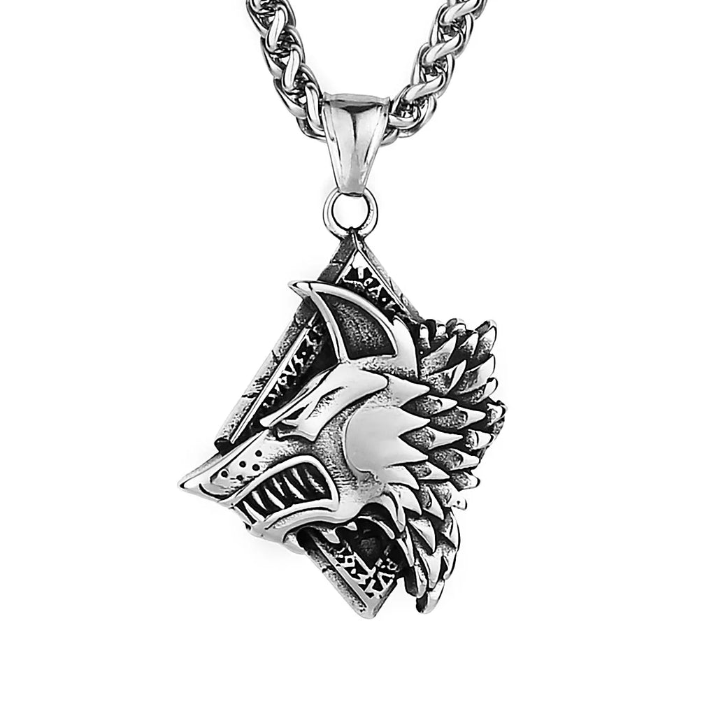Viking Wolf Head Geri and Freki Necklace — Stainless Steel