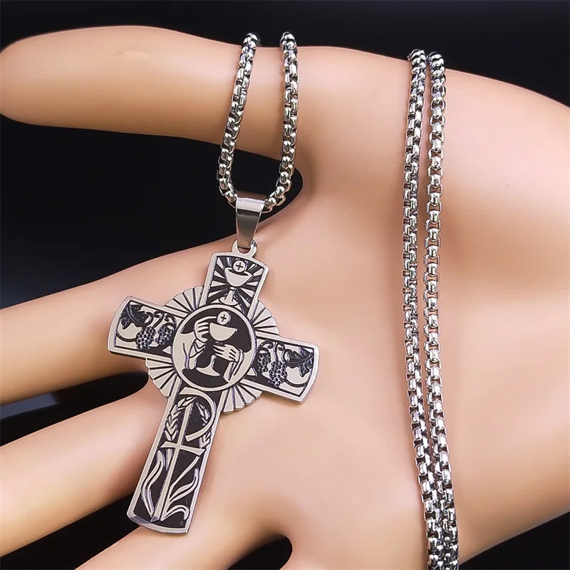 Christian Christ Eucharist Halo Grape Juice Cross Necklace Stainless Steel Men Women Catholic Holy Spirit Church Chain