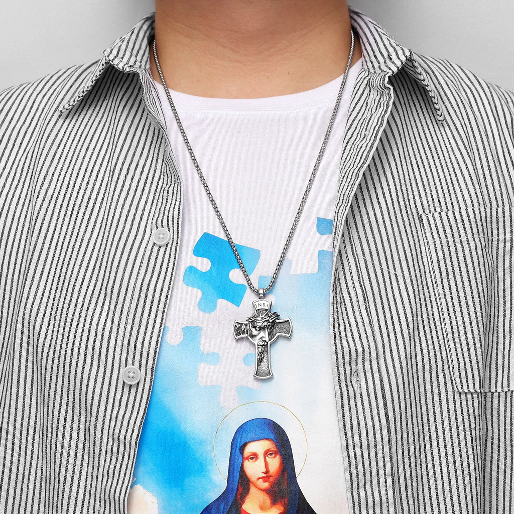 INRI Jesus Cross Religon Amulet Stainless Steel Men Women Necklaces Pendants Chain Punk Trendy Jewelry Creativity Gift