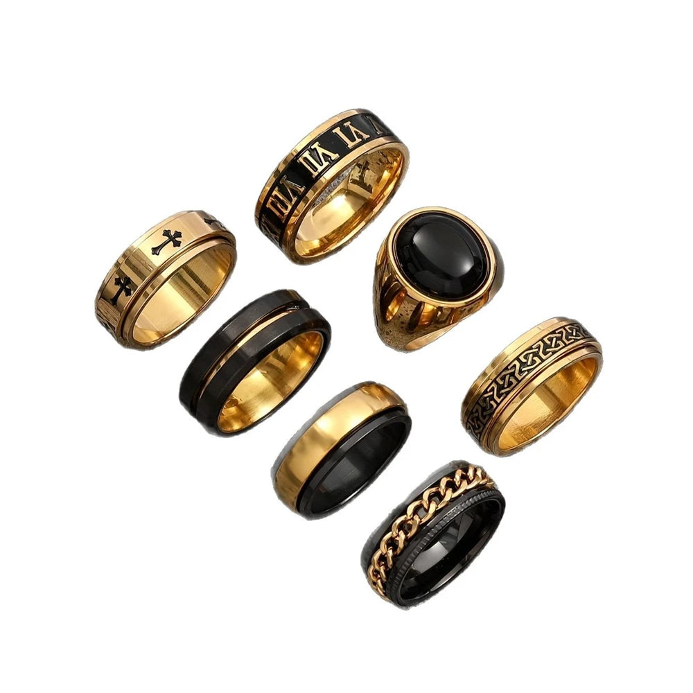 Viking Rune Cross Ring Set for Men — 7-Piece Stainless Steel