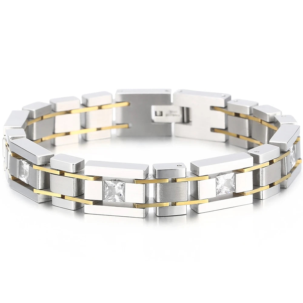 Casting Stainless Steel Man Bracelet Two Tone 12MM Link Chain Men's Bracelets Bangles With CZ Wrist Jewelry Boys