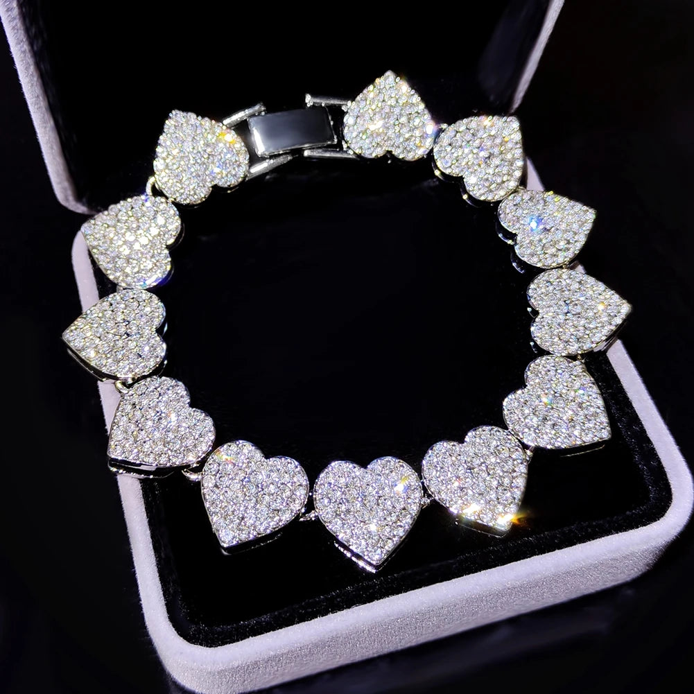 Hip Hop Full Crystal Heart Tennis Chain Bracelets for Men Women Bling Square Rhinestone Cuban Link Chain Bracelet Luxury Jewelry